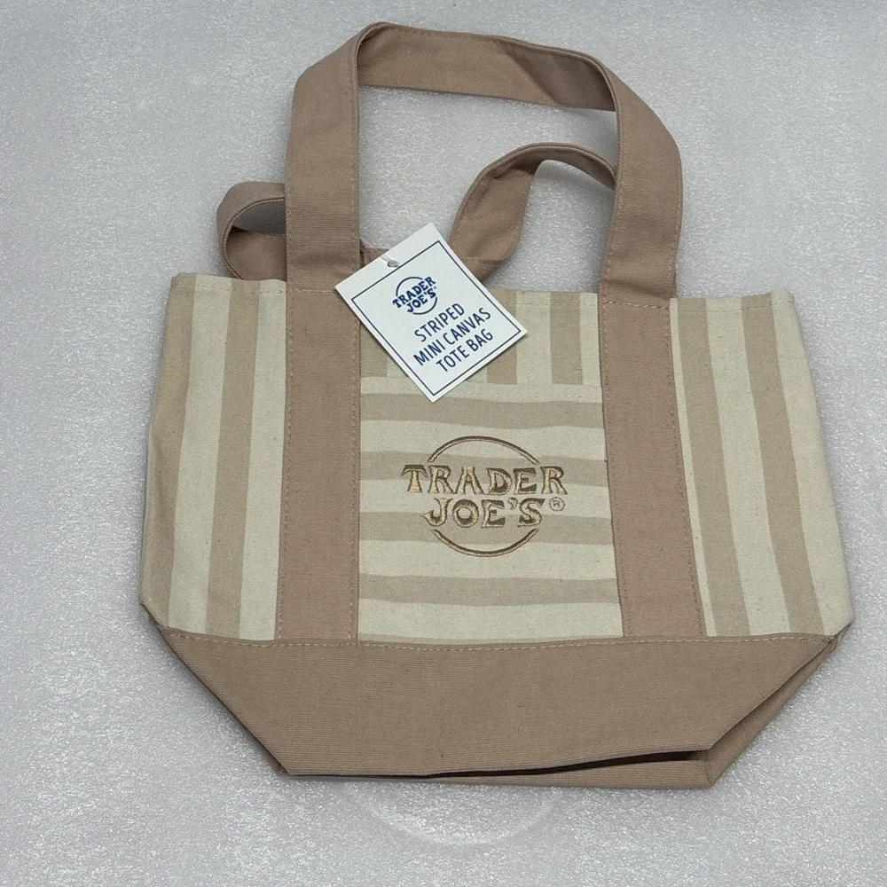 New Trader Joe's Mini tan summer 2026 Striped Canvas Tote Bag‎